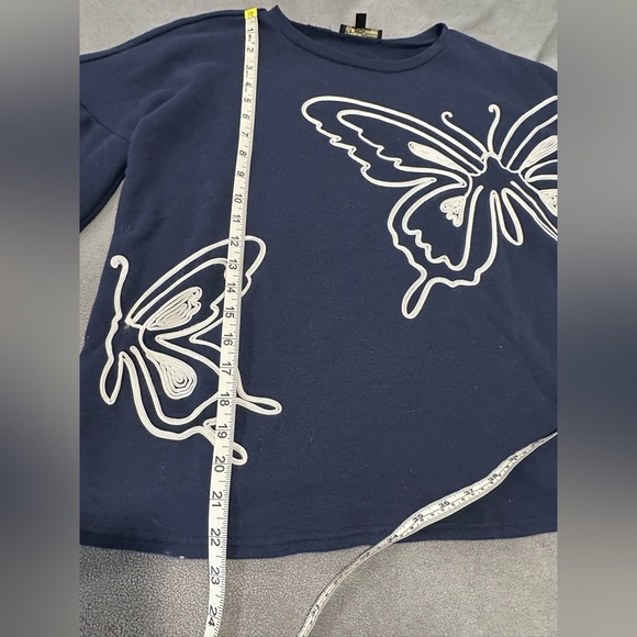 Navy Butterfly Fleece Bell Puff Sleeve Sweatshirt DG2 by Diane Gilman. Crew. Sm - Picture 3 of 16